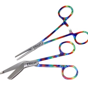 Pride Gift Custom Engraved 2 Pcs Personalised Stainless Steel Hemostat Forceps & Bandage Scissors 5.5" Rainbow Color