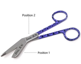 Custom Laser Engraving on 5.5" Bandage Scissors Pet Paws Pattern for Coworkers, Stainless Steel, Purple Black Paw Prints Handle