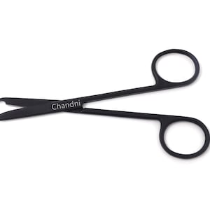 Black Fluoride Coated 4.5" One Small Hook Tip Stainless Steel Suture Stitch Scissors, Laser Engraved Custom Name, Gift Under 15 Dollars