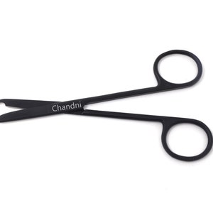 Black Fluoride Coated 4.5&quot; One Small Hook Tip Stainless Steel Suture Stitch Scissors, Laser Engraved Custom Name, Gift Under 15 Dollars