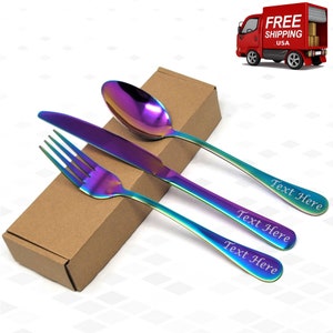 CUSTOM Spoon Fork Knife Laser Engraved Personalized Silverware Cutlery 3Pc Set - Add Name or Wording for Any Occassion Gift Under 25 Dollars
