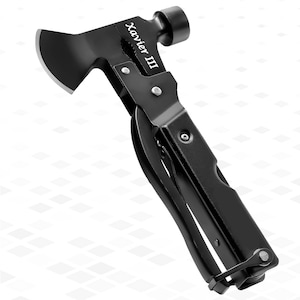 May include: Black multi-tool with a hammer, axe, and pliers. The tool is labeled "Xavier III".