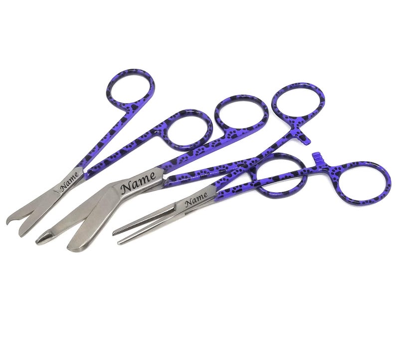 Peut inclure: Trois instruments chirurgicaux en acier inoxydable avec des poign&eacute;es violettes. Les poign&eacute;es pr&eacute;sentent un motif de pattes. Le texte "Name" est grav&eacute; sur chaque instrument. Instruments con&ccedil;us pour un usage m&eacute;dical ou v&eacute;t&eacute;rinaire.