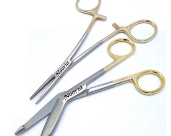 Custom Engraved Gift Under 25 Dollars Set of Stainless Steel 5.5" Bandage Scissors with Serrated Blade + Hemostat Forceps Nurse Appreciation