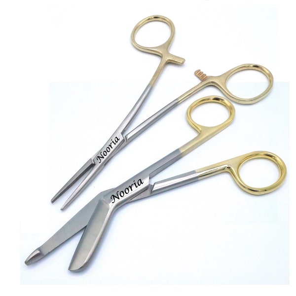 Custom Engraved Gift Under 25 Dollars Set of Stainless Steel 5.5" Bandage Scissors with Serrated Blade + Hemostat Forceps Nurse Appreciation