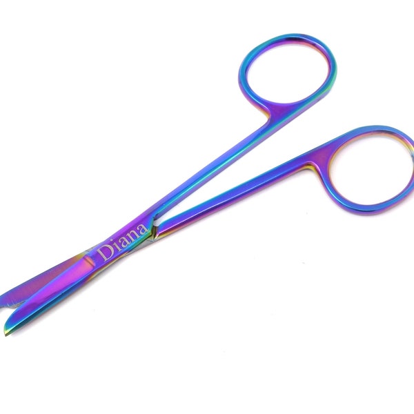 Multi Titanium Color 4.5" One Small Hook Tip Stainless Steel Suture Stitch Scissors, Laser Engraved Custom Name, Gift Under 15 Dollars