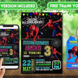 Spiderman Party Invitation Free Thank You Card Phone Version Included (Digital File)