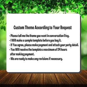 May include: A white rectangular sign with the text "Custom Theme According to Your Request" and bullet points detailing the process of requesting a custom template. The sign is set against a blurred green background with a wooden table.