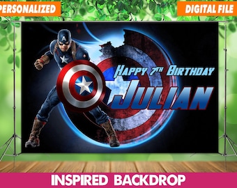カスタム キャプテン・アメリカの誕生日背景：スーパーヒーローのパーソナライズされた子供向けパーティーデコレーション（デジタルファイル 60x40 インチ）