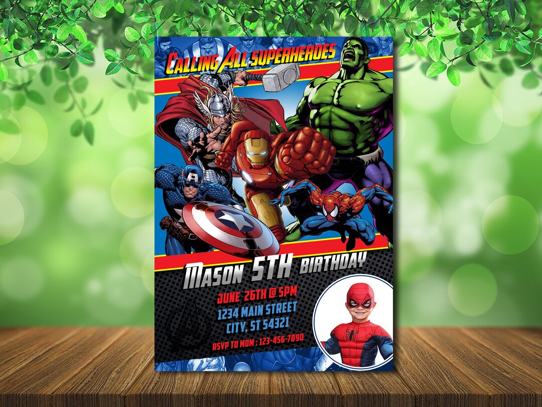 Invitación de cumpleaños de los Vengadores con foto: Cómic de superhéroes  (digital) - Etsy México, image size:1080x810