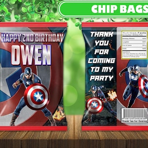 Captain America Favor Chip Bags, Avengers Chip Bags Label, Kids Birthday Party Decor, Custom Chip Bags, Personalized, Digital File