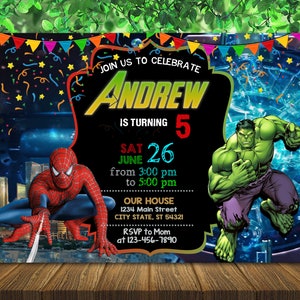 Spiderman and Hulk Birthday Invitation With Photo - Dual Combined Birthday Invite - Superhero Digital Invite - Digital File