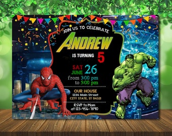 Invitación de cumpleaños de Spiderman y Hulk con foto (archivo digital)