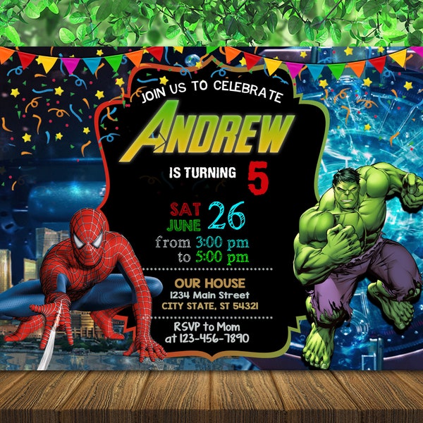 Spiderman et Hulk Invitation d’anniversaire avec photo - Double invitation d’anniversaire combiné - Superhero Digital Invite - Fichier numérique