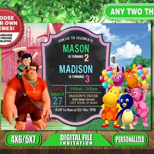 Könnte beinhalten: Eine digitale Einladung mit Zeichentrickfiguren und Text. Die Einladung zeigt Charaktere aus Wreck-It Ralph und The Backyardigans. Auf der Einladung steht "Feiern Sie mit uns" und enthält die Namen Mason und Madison, ihre Alter und Party-Details.