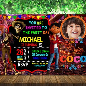 May include: A colorful invitation for a birthday party with the theme of the animated movie Coco. The invitation includes the text "You are invited to the party day Michael is turning 5" and the date, time, and location.