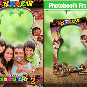 May include: A guitar-shaped photo booth frame with the name "Andrew" in colorful letters. The frame features characters from the movie "Coco" and the text "Is Turning 2". A family is posing inside the frame.