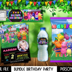 May include: A personalized birthday party bundle featuring a water bottle label, a chip bag, and an invitation card. The items display colorful cartoon characters, the names Kaliyah and Madison, and birthday details including dates and locations.