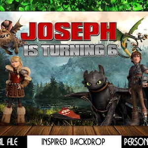 May include: A digital printable backdrop featuring characters from the animated movie How to Train Your Dragon. The backdrop is green, brown, and blue with a silver and red banner that reads "Joseph is turning 6".