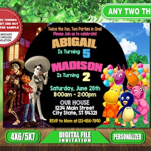 Könnte beinhalten: Eine personalisierte digitale Einladung für eine Doppelgeburtstagsfeier. Sie zeigt die Namen Abigail und Madison, die 5 und 2 Jahre alt werden. Die Veranstaltung findet am 28. Juni von 11:00 bis 14:00 Uhr statt.