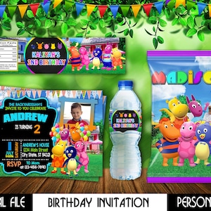 May include: A set of personalized birthday party supplies featuring The Backyardigans characters, including a rectangular invitation with a photo frame, a water bottle label, and a chip bag wrapper, all decorated with colorful bunting and green foliage.