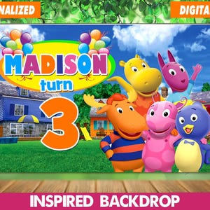 May include: A vibrant backdrop with cartoon characters and the text "MADISON turn 3". The design includes a house, balloons, and the words "PERSONALIZED" and "DIGITAL FILE". The backdrop is set against a green lawn and blue sky.