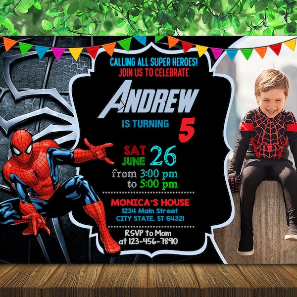 Spiderman Digital Invite - Spiderman Invitation With Photo - Spiderman Birthday Party - Superhero Invitations - Fichier Numérique