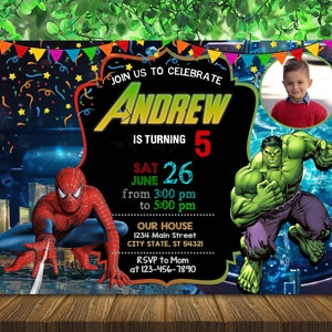 Spiderman and Hulk Birthday Invitation With Photo - Dual Combined Birthday Invite - Superhero Digital Invite - Digital File