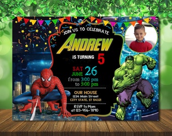 Spiderman & Hulk Birthday Invitation With Photo (Digital File)