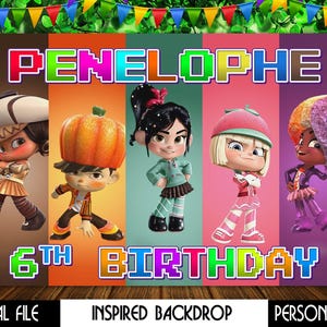 May include: A colorful digital backdrop featuring cartoon characters, the name "PENELOPHE", and the text "6th BIRTHDAY". The backdrop has a festive design with a green and colorful banner at the top.