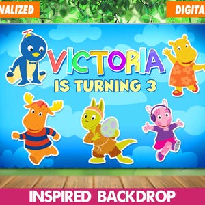 May include: A personalised birthday backdrop featuring the text "Victoria is Turning 3" and cartoon characters. The backdrop is blue with a wooden floor design and a pink banner that says "Inspired Backdrop".