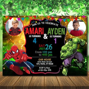Verjaardagsuitnodiging Spiderman en Hulk met foto - dubbele gecombineerde verjaardagsuitnodiging - superheld digitale uitnodiging - digitaal bestand