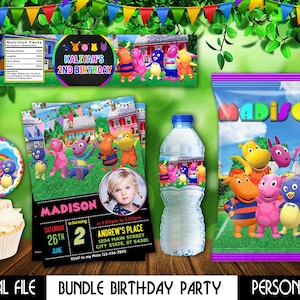 May include: A personalized birthday party bundle featuring The Backyardigans characters. Includes a cupcake topper, invitation with a photo of a child named Madison, a water bottle label, and a chip bag with the name Madison and the number 1.
