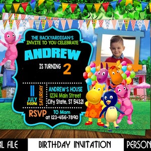 May include: A rectangular birthday invitation featuring The Backyardigans characters, a photo frame, and text including THE BACKYARDIGAN'S INVITE TO YOU CELEBRATE ANDREW IS TURNING 2, 11 JULY SATURDAY 5:00PM, ANDREW'S HOUSE 1234 Main Street City State, ST 54321, RSVP TO Mom at 123-456-7890.