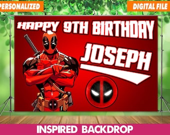 Personlig Deadpool-födelsedagsbakgrund: Superhjältefestdekor (digital fil)