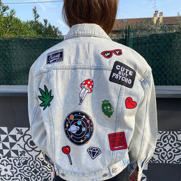 Punk patches jacket, Retro biker style jacket, Homemade in Italy Rock punk patch, Psychedelic style vintage jacket,  Psycho Alien patch