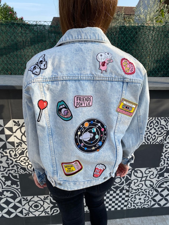 Pink Rock Punk Patch Jacket, Vintage Style Jacket, Embroidered