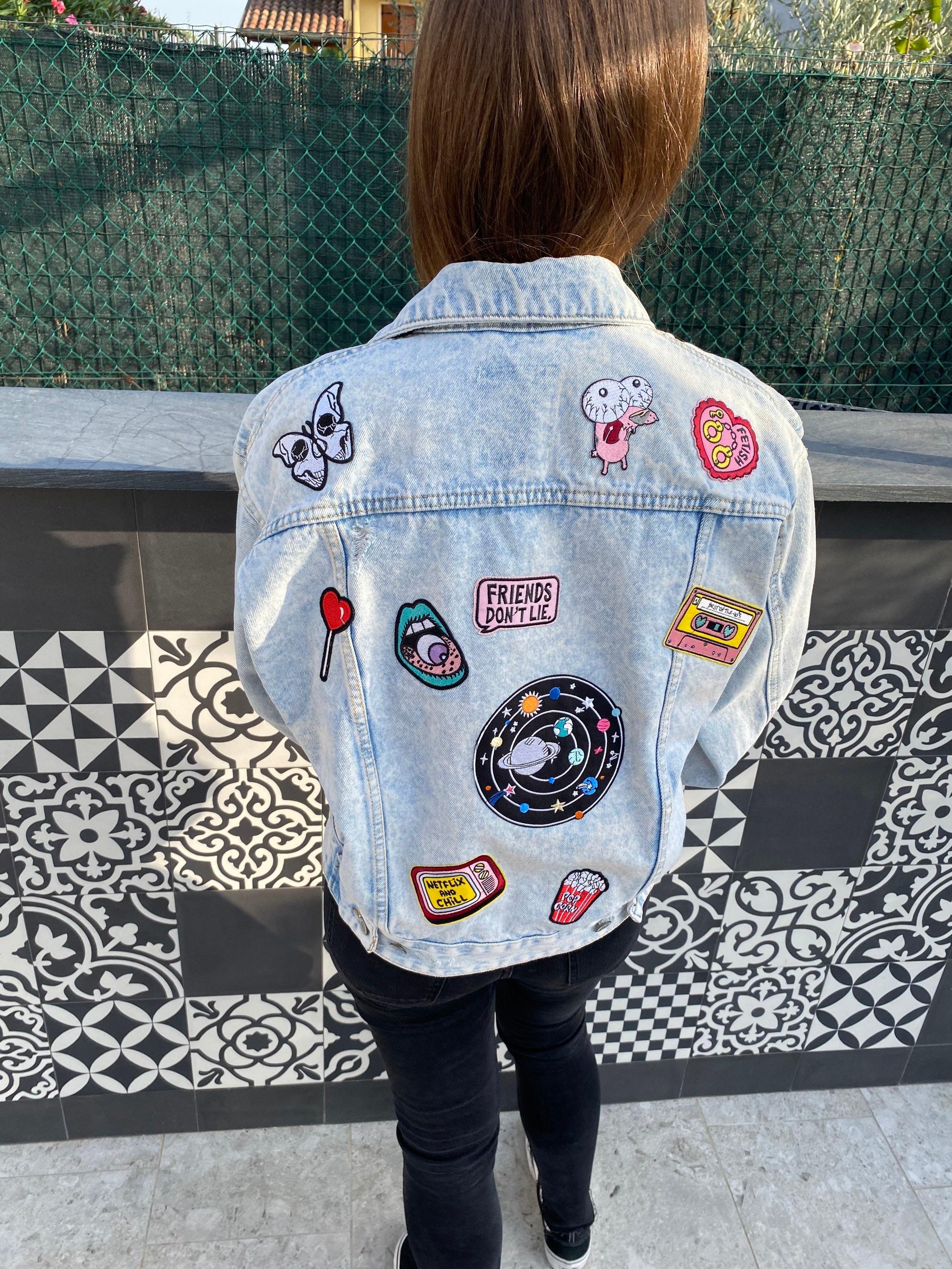 Pink Rock Punk Patch Jacket, Vintage Style Jacket, Embroidered Patches,  Pink Punk Skull Patches, Handmade Clothes, Psychedelic Space Patch 