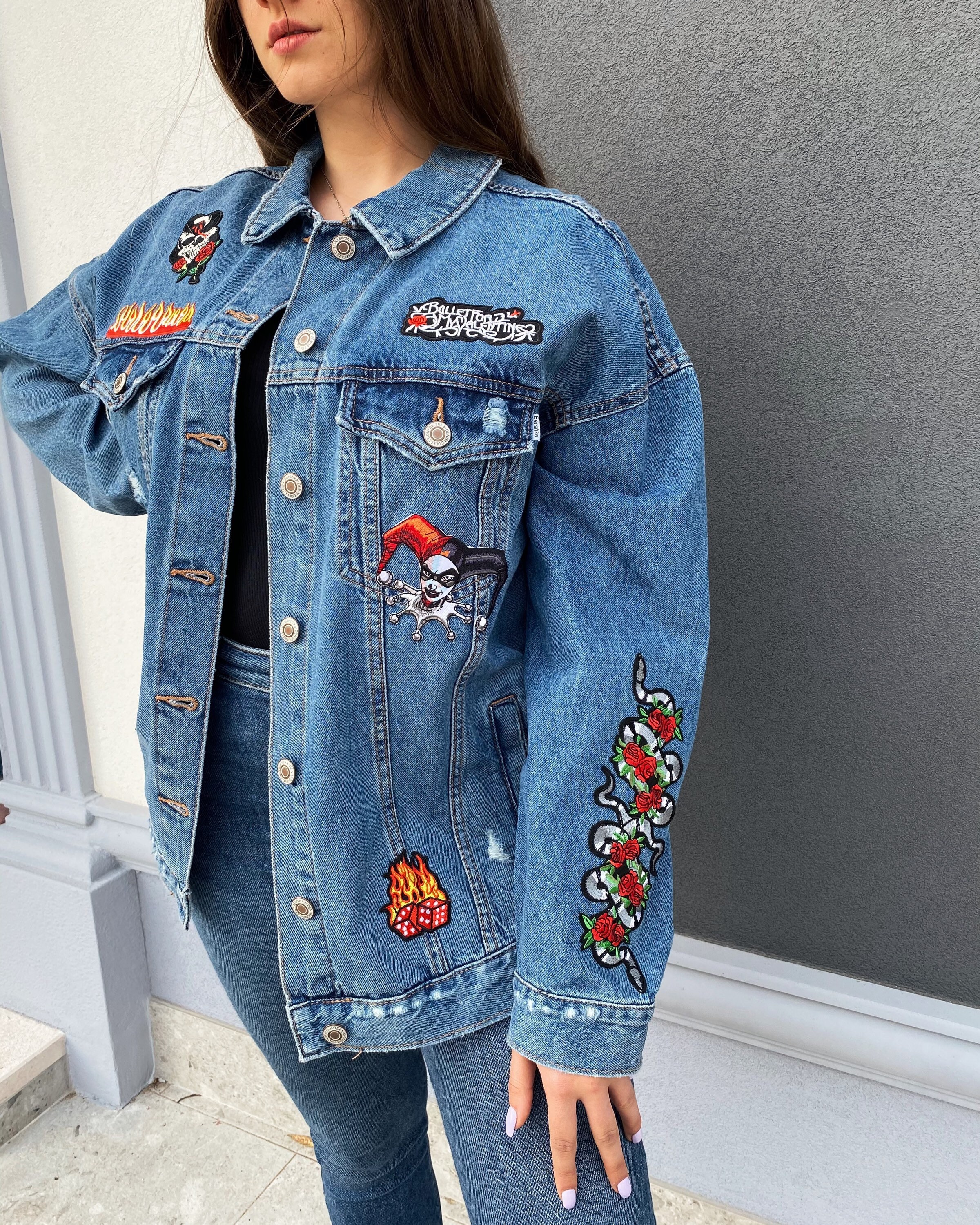 denim jacket with band patches