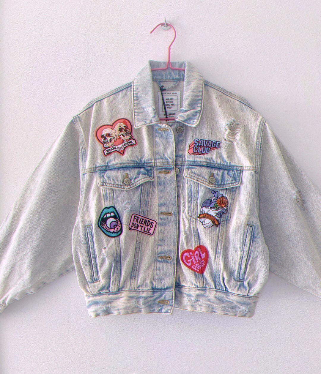Pink Rock Punk Patch Jacket, Vintage Style Jacket, Embroidered Patches,  Pink Punk Skull Patches, Handmade Clothes, Psychedelic Space Patch 