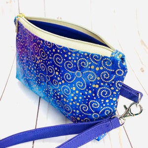 Batik Canvas Wristlet Pouch: Purple & Gold, Removable Strap
