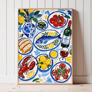 Mediterrane tafelsetting met vis, kreeft en wijn als een kleurrijk stilleven in de frisse Matisse-stijl | Kunstprint | Moderne kunst