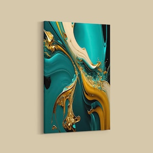 Turquoise and gold with flow technique modern art print unique poster canvas acrylic glass picture for living room or office