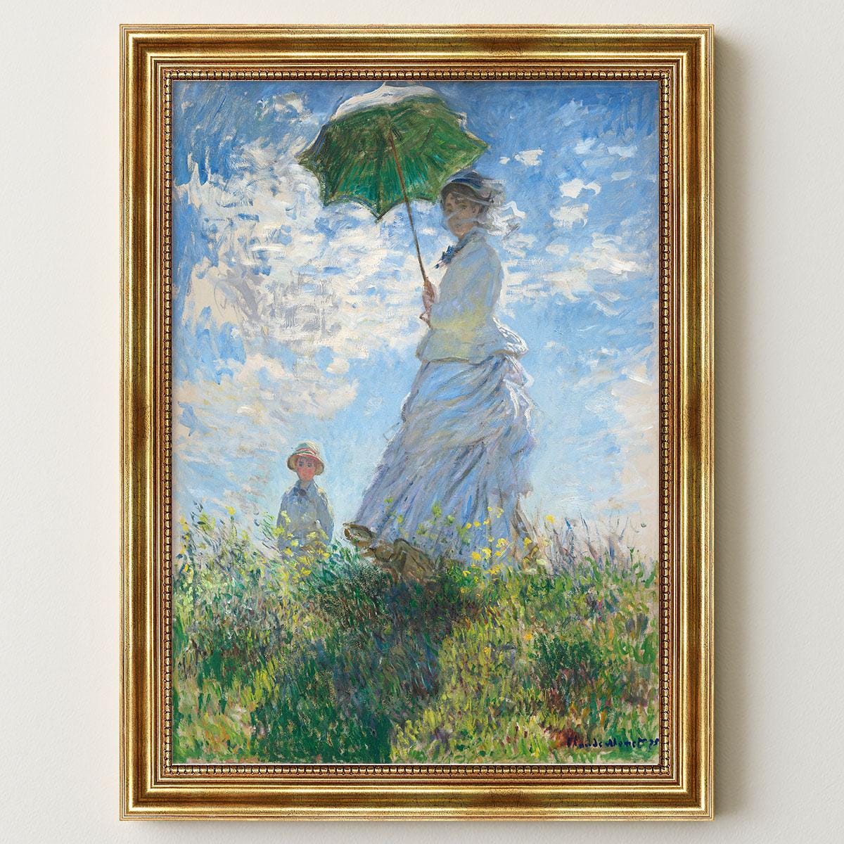 Frau mit Sonnenschirm – Madame Monet und ihr Sohn Claude Monet Bild mit Rahmen  - Wandbild mit klassischem Gemälde als Kunstdruck