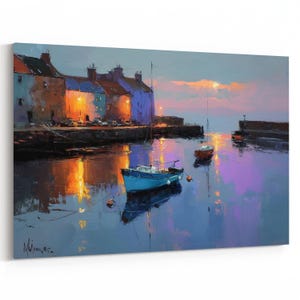 Harbor Sunset Canvas Print Coastal Town Boats Painting Wall Art Maritime