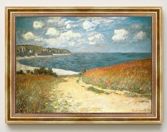 Strandweg durch den Weizen bei Pourville von Claude Monet Bild mit Rahmen in Gold  - Wandbild mit klassischem Gemaelde als Kunstdruck