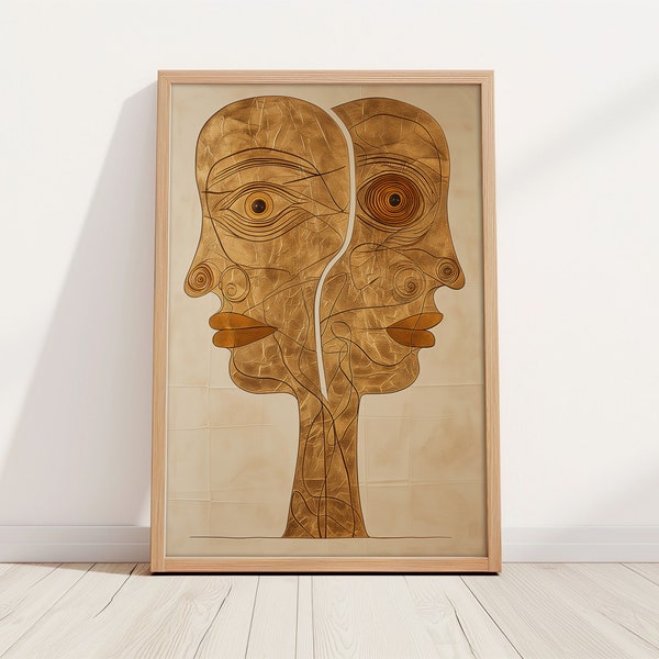 Doppelkopf im Profil als Kunstdruck mit Holzrahmen Für Wohnzimmer, Schlafzimmer oder Büro