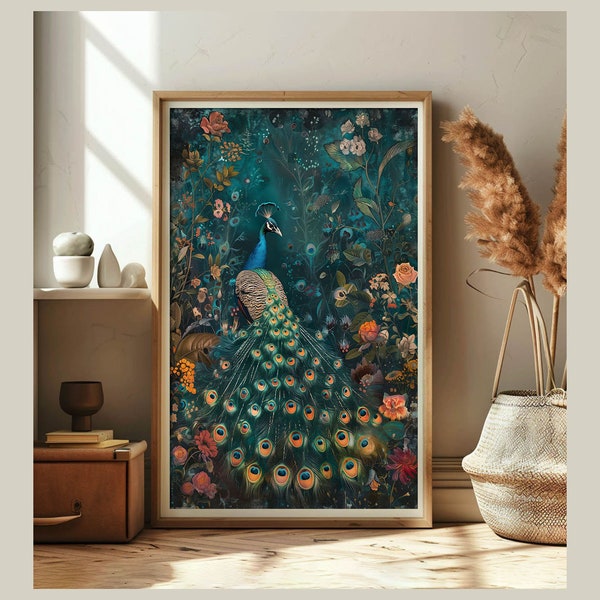 Pfau in voller Pracht mit Blumen Kunstdruck Poster Bild zum Einrahmen Wandkunst für Wohnzimmer oder Schlafzimmer