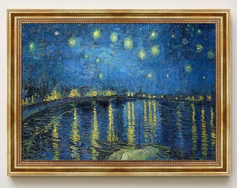 Sternennacht über der Rhône von Vincent van Gogh Bild mit Rahmen in Gold  - Wandbild mit klassischem Gemaelde als Kunstdruck