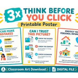 May include: A colorful educational poster titled 3x THINK BEFORE YOU CLICK Printable Poster. It features three sections: AI CAN MAKE MISTAKES, CAN I TRUST THIS PICTURE?, and PROTECT YOUR PERSONAL INFORMATION, with icons and text for digital safety.